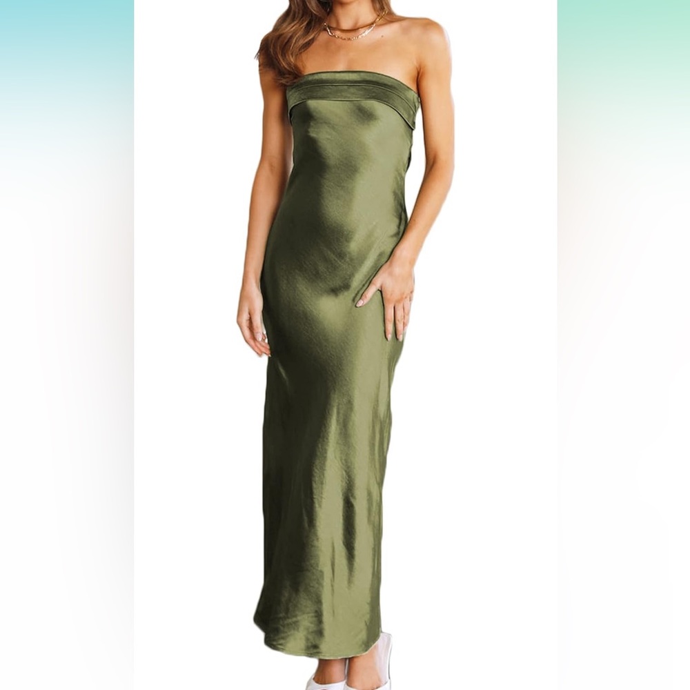 Green strapless open back silk dress. Size large